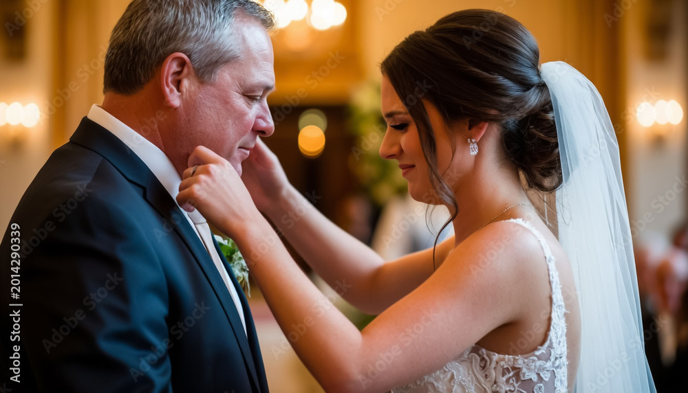Naklejka premium Father and bride with sad expression during wedding ceremony – family emotions portrait