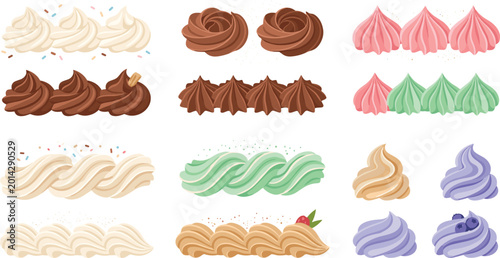 Sweet Whipped Cream and Frosting Swirls Vector Set featuring Chocolate, Vanilla, Strawberry, and Pistachio Cream Piping Borders for Bakery Menus and Dessert Cake Decorations