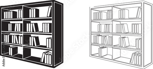 bookshelf icon set with outline and solid black glyph styles featuring rows of books on wooden shelves for library education vector 