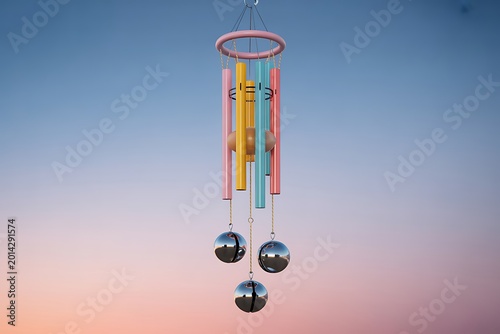  a colorful 6-tube aluminum wind chime with polished silver spheres, suitable for home decor