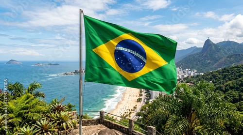 Brazilian flag waving over rio de janeiro coastline iconic landmark sugarloaf mountain view south america travel destination