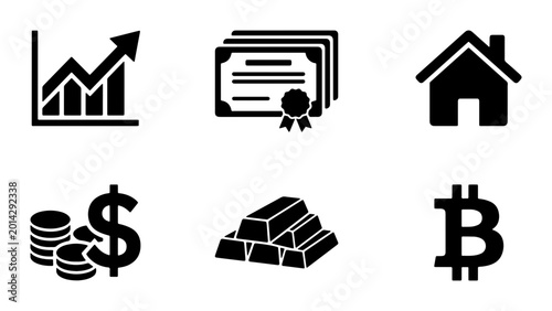 Billede på lærred Financial Icons Set: Growth Chart, Certificate, House, Coins, Gold Bars, Bitcoin