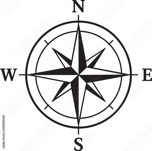 Black and white detailed compass rose with cardinal directions n, s, e, w, and starburst points on a transparent background, also transparent background