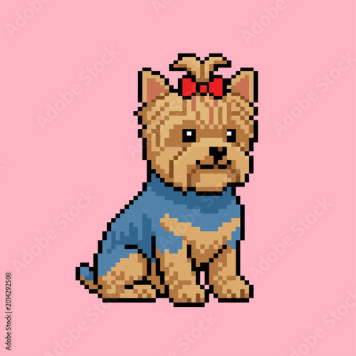 Yorkshire Terrier dog breed pixel art illustration sitting with a red bow and blue sweater isolated on a pink background for toy breed icons.