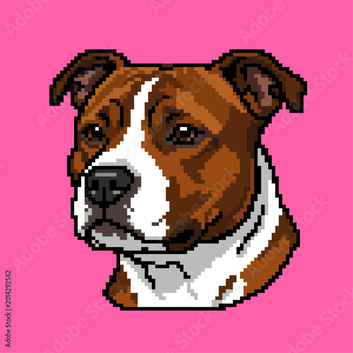 Powerful Pitbull dog head pixel art icon showing the muscular jaw and alert expression on a vibrant pink background for digital game character assets.