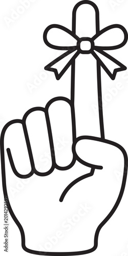 Black outline of a hand with index finger raised, a ribbon tied in a bow around the finger, on a transparent background, also transparent background