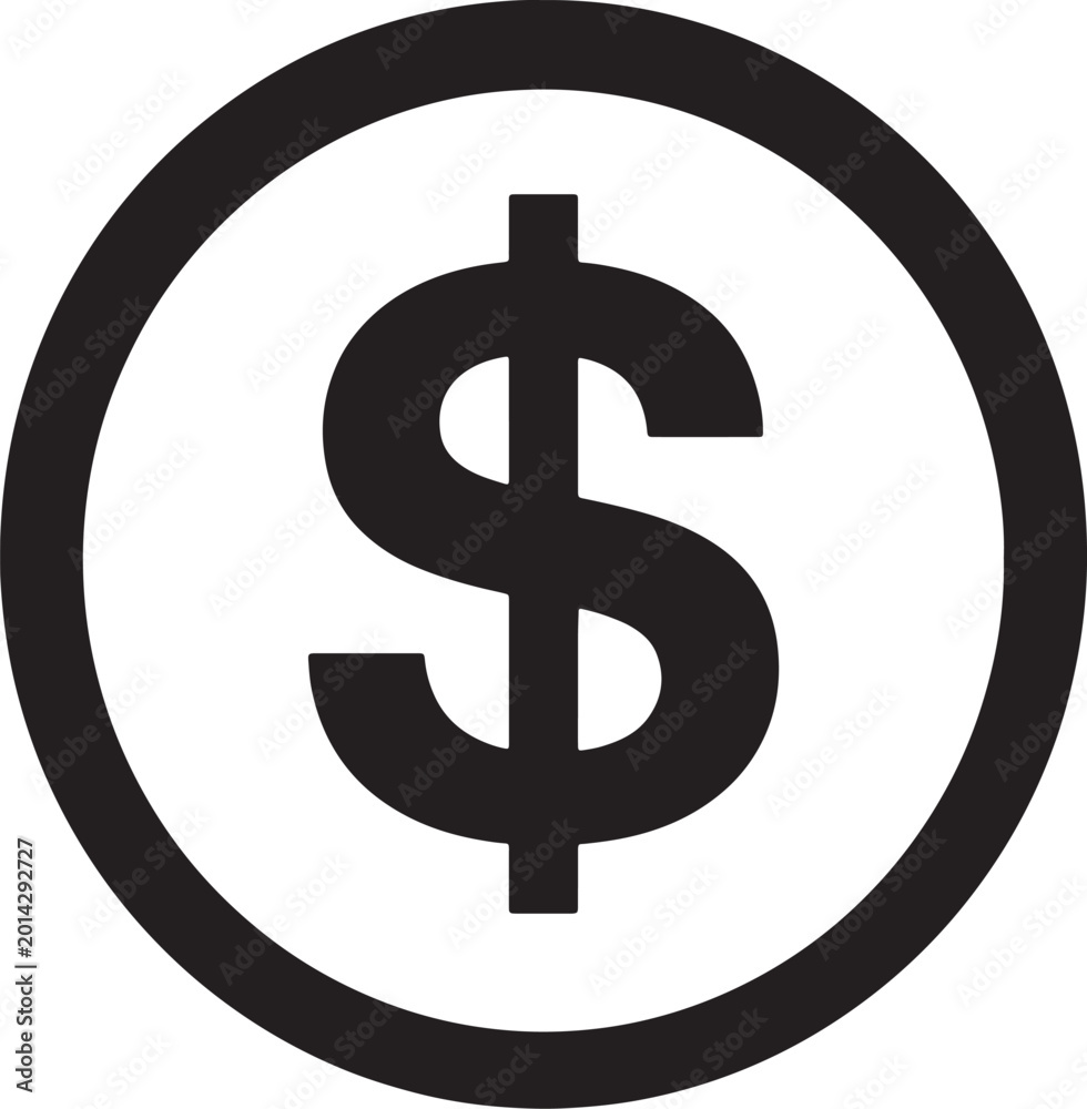 Obraz premium Bold black dollar sign symbol enclosed in a thick black circle, representing finance and currency on a transparent background, also transparent background