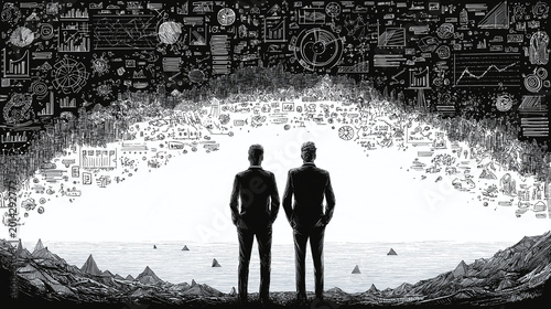 Visionary Insight: Two figures stand poised on the cusp of an intellectual epiphany, a torrent of ideas and data cascading around them, symbolizing the dynamic world of business acumen.
