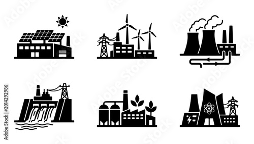 Photos Industrial Power Generation Icons: Renewable Energy, Nuclear, Hydro, and Fossil