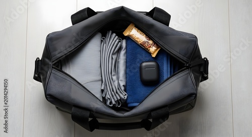 Overhead view of an open gray gym bag with organized fitness essentials for workout.