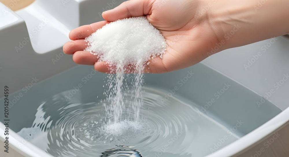 Fototapeta premium A hand squeezing a wet sponge over a sink filled with water