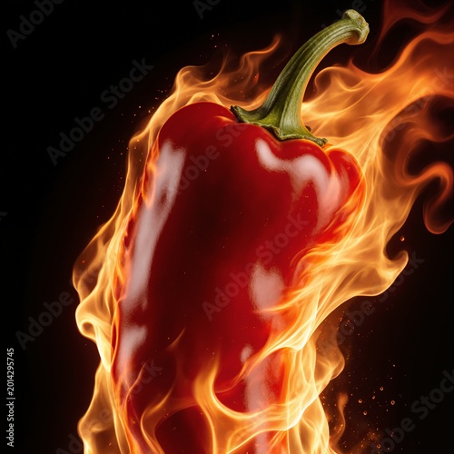 Red hot chili pepper engulfed in flames on dark background