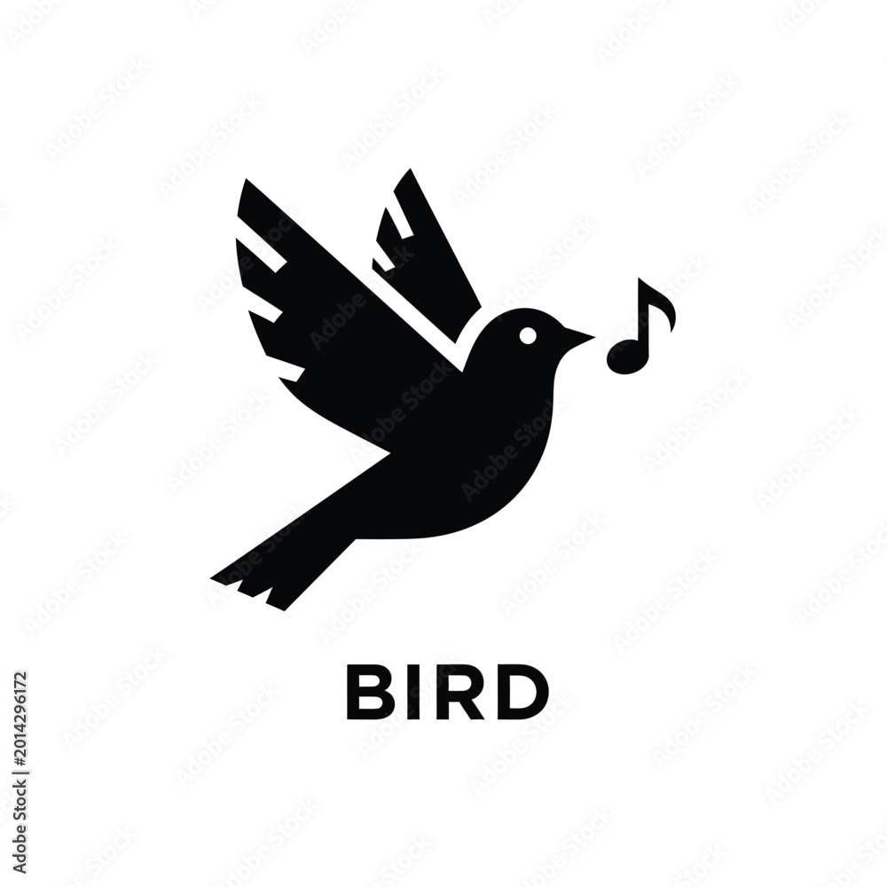 Fototapeta premium black bird silhouette singing with musical note on a white background simple avian graphic high quality professional detailed modern elegant