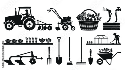 Tableau sur toile Farming And Gardening Icons: Tractor, Tools, Greenhouse, Harvest Basket