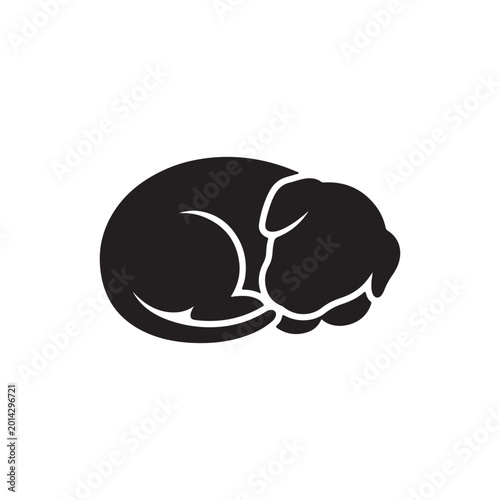 Black silhouette of a small puppy sleeping curled up on a white background asleep des