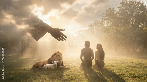 God reaching out to Adam and Eve in the Garden of Eden. Symbolic representation of creation on the seventh day. Biblical scene with man, woman, lion and lamb in a bright holy landscape.