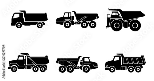 Obraz na płótnie Dump Truck Icons Set, Heavy Construction Vehicle Silhouettes, Industrial Hauling