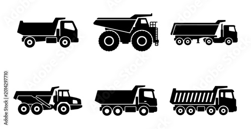 Photos Set of 6 Black Silhouette Dump Truck Icons, Heavy Equipment Vector Graphics for