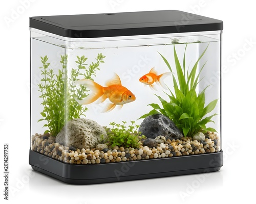 Stylish Compact Aquarium with Exotic Fish and White Background