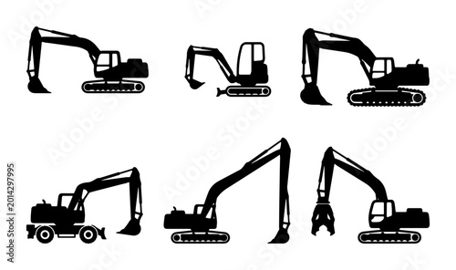 Billede på lærred Excavator Icons Set, Construction Machinery Silhouettes, Heavy Equipment Vector