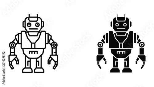 Two stylized robots standing side by side in contrasting colors