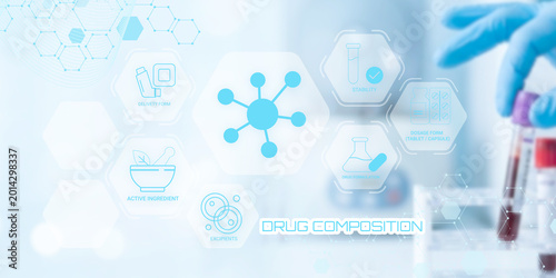 Photography Modern digital illustration showcasing drug composition elements with molecular