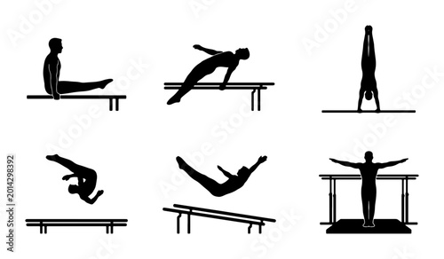 Tableau sur toile Gymnastics Silhouettes Set: Dynamic Athletes Performing on Parallel Bars, Vault,