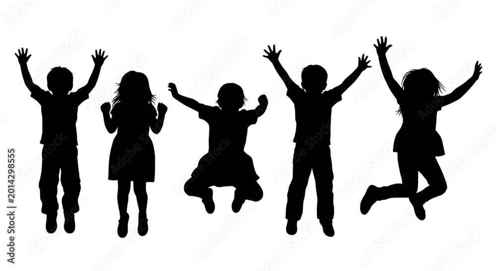 Fototapeta premium Children jumping silhouette set with arms raised and happy expressions featuring kids, joy, fun with play and excitement elements for group, black