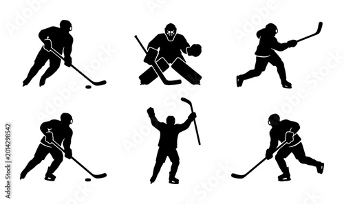 Canvas Print Ice Hockey Player Silhouettes Set, Action Poses Vector Graphics, Goalie and Skat