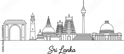 Sri Lanka skyline landmark outline sketch featuring famous monuments temples and towers for travel tourism and cultural heritage design projects,
