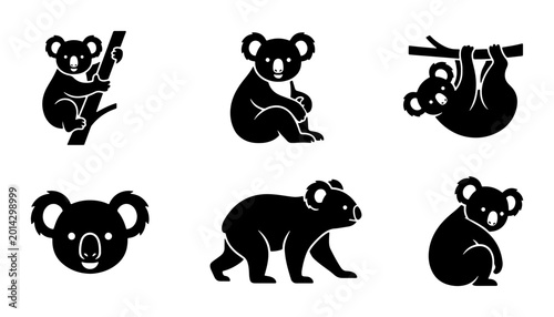 Bild auf Leinwand Vector Icons Set: Adorable Koala Poses, Australian Wildlife Silhouettes, Cute Ma