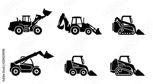 Obraz na płótnie Construction Vehicle Icons: Front Loader, Backhoe, Skid Steer, Telehandler Set,