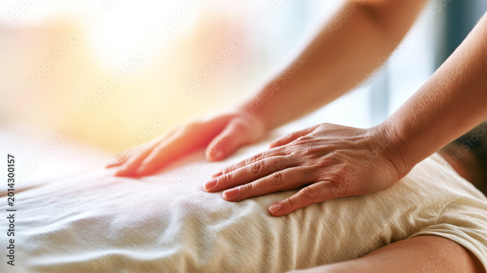 Naklejka premium Therapist hands applying soothing pressure on a patient's back, bringing relaxation and comfort in a softly lit scene