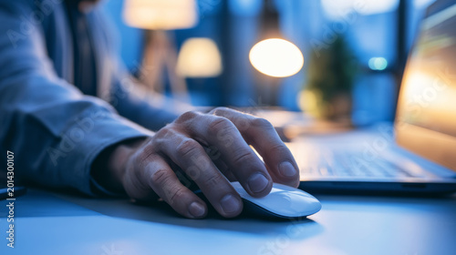 Hand resting on a white computer mouse, person working on a laptop at a desk with blue ambient lighting, focus on digital tasks