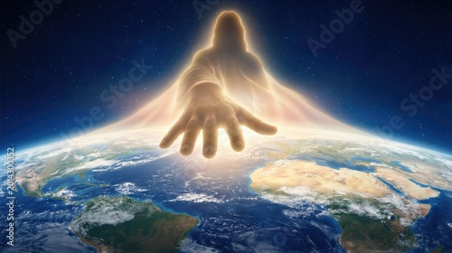 Glowing silhouette of man reaching towards planet Earth from deep space. Symbolic representation of God watching over world on seventh day. Biblical creation myth and faith concept.