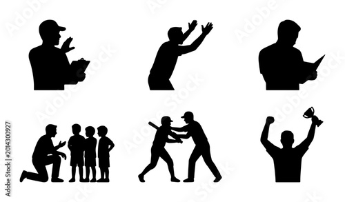 Bild auf Leinwand Sports Coaching and Teamwork Silhouettes: Coach, Players, Victory, Conflict, Gro