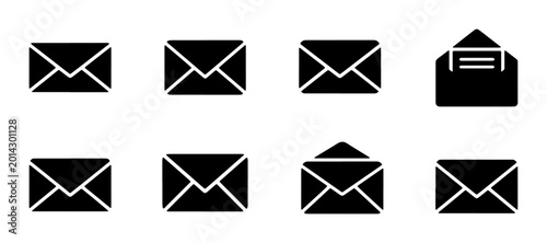 фотографія Black Envelope Icons Set, Mail Communication Symbols, Postal Service Vector Grap