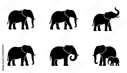 Φωτογραφία Silhouette Elephant Icons Set, African Wildlife Vector Graphics, Majestic Mammal