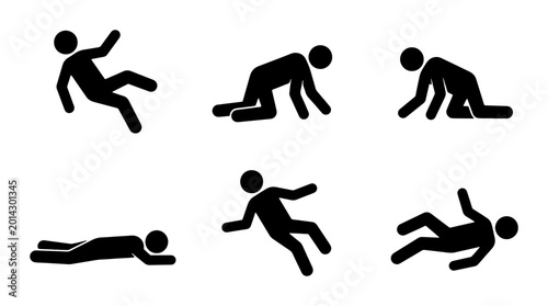 Tableau sur toile Stick Figure Falling Sequence, Danger Warning Icons, Accident Prevention, Safety