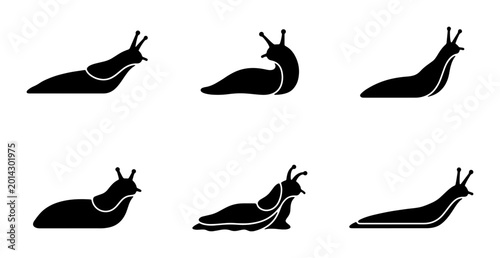 Foto Set of Six Black Silhouette Slug Icons, Gastropod Vector Illustrations, Garden P