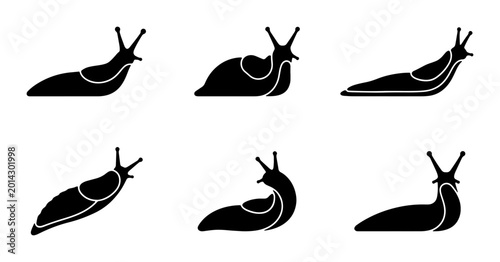 Bild auf Leinwand Six Black Silhouette Slug Icons, Gastropod Vector Graphics, Garden Pest Vector S