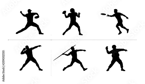 Quadro su tela Sports Action Silhouettes: Baseball Pitcher, Football Quarterback, Frisbee Throw