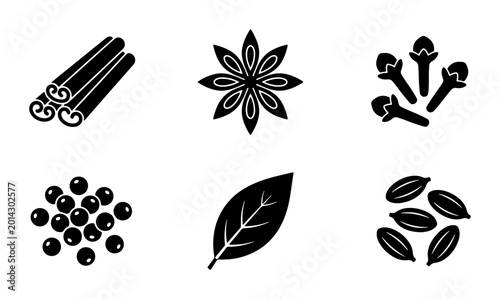 Bild auf Leinwand Spice Icons Set: Cinnamon, Star Anise, Cloves, Peppercorns, Bay Leaf, Cardamom,
