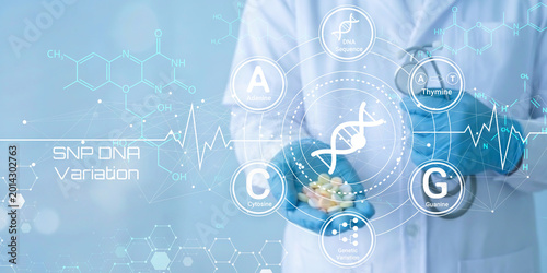 Scientist analyzing SNP DNA variation with genetic sequencing technology and molecular biology elements