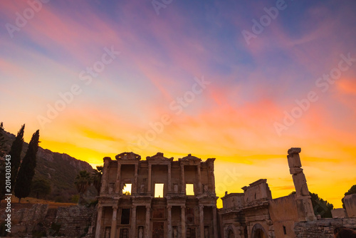 The Library of Celsus at sunset. Dramatic sky over the Ephesus