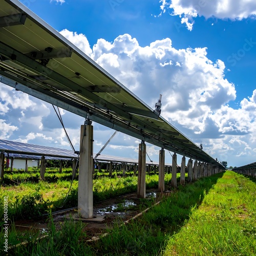 Solar panels stretch across a field under blue sky
