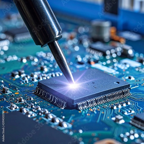 Soldering tool on a microchip with bright light