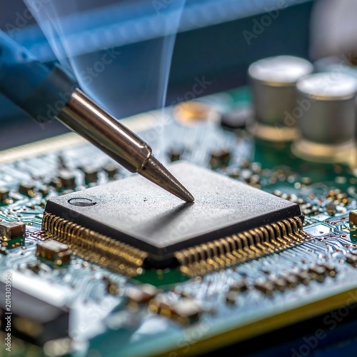 Soldering iron applies heat to computer chip