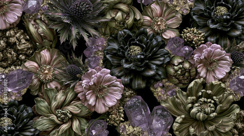 Beautiful floral bouquet with abstract surreal flowers on a dark background