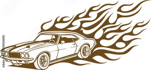 Quadro su tela Vintage muscle car with blazing flames in retro hot rod style